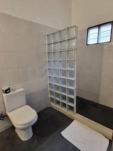 a bathroom with a toilet and a glass block wall at Babalao Bungalows in Nungwi