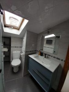 a bathroom with a toilet and a sink and a mirror at La buhardillita in Laredo