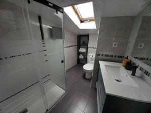a bathroom with a glass shower and a toilet at La buhardillita in Laredo +18 photos