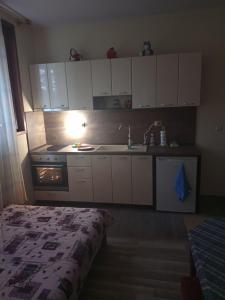 a kitchen with white cabinets and a sink and a stove at Family Hotel Shisharka in Batak