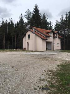 a white house with a driveway next to a forest at Little Vlasina in Surdulica
