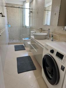 een wasmachine in een badkamer met een wastafel en een toilet bij Leos Apartment in Tirana