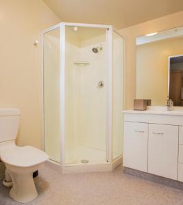 a bathroom with a shower with a toilet and a sink at Greenlane Suites in Auckland