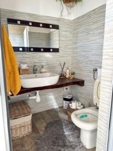 uma casa de banho com um lavatório e um WC em Casa Jeny em Fenis