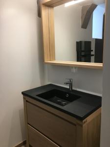 une salle de bain avec un lavabo noir et un miroir dans l'établissement LE DOMAINE DE LA LOUVE BLANCHE, à Le Mont-Dore 29 autres photos