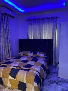 Un dormitorio con una cama con techo azul. en Graceville apartment, en Lagos