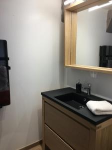 une salle de bain avec un lavabo noir et un miroir dans l'établissement LE DOMAINE DE LA LOUVE BLANCHE, à Le Mont-Dore