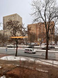 a white car driving down a street with trees at Apartament przy Łazienkach Królewskich in Warsaw