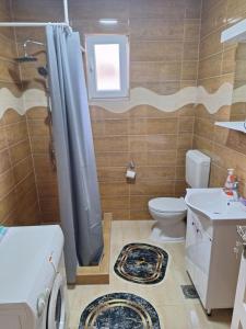 La salle de bains est pourvue de toilettes, d'un lavabo et d'une douche. dans l'établissement Apartman Vuković, à Foča