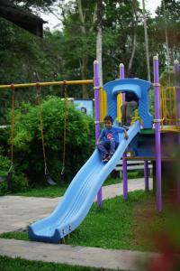a boy sliding down a slide at a playground at Coffee Greens Resort in Wayanad