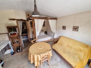 a living room with a bed and a table in a room at Studio au cœur du Verdon in La Palud sur Verdon
