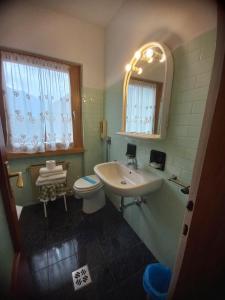 a bathroom with a sink and a toilet and a mirror at Hotel Dolomiti Saone in Tione di Trento