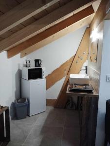 a kitchen with a microwave and a stove in a room at LE COCON l'unique expérience Cinéma room de la Grange Savoyarde 1km du Lac d'Annecy in Lathuile