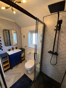 a bathroom with a shower and a toilet and a sink at 4 Bed House in Lovely Cornish Town in Saint Columb Major
