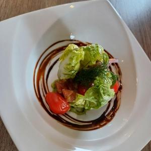 a plate of food with lettuce and tomatoes in sauce at Cit Hotel Noemys Gradignan - ex Le Chalet Lyrique in Gradignan