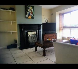 ein Wohnzimmer mit einem Kamin und einem TV in der Unterkunft Holiday house in quiet housing estate near Kilkenny in Carlow