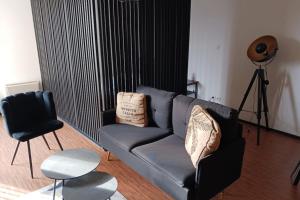 ein Wohnzimmer mit einem Sofa und einem Stuhl in der Unterkunft Cosy flat close to the city centre and beaches in Montpellier
