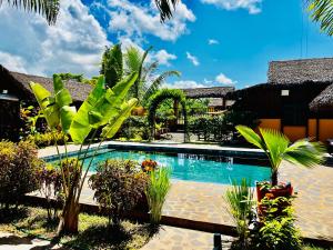 ein Pool vor einem Haus mit Pflanzen in der Unterkunft Villa Nofy studio Bananier in Nosy Be