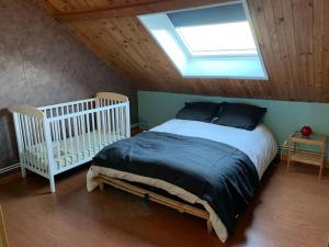 - une chambre avec un grand lit et une lucarne dans l'établissement Maison conviviale en lisière de forêt près du lac, à Biscarrosse