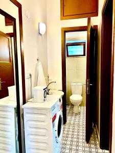 a bathroom with a washing machine and a toilet at Konukzade OldTown Apart in Antalya