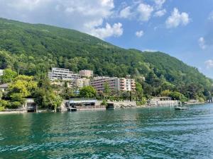 a large body of water with buildings on a mountain at Palm Beach apartment Bissone in Bissone
