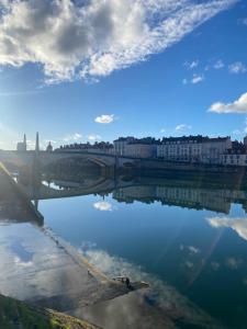 a view of a river with a bridge and buildings at L'appart Saint-Laurent in Chalon-sur-Saône