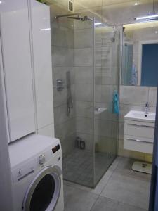 a bathroom with a shower and a washing machine at Najlepszy Apartament Sikorskiego in Olsztyn