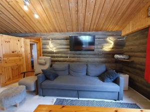 a living room with a couch and a tv on a wooden wall at Kelotupa 19 in Syöte