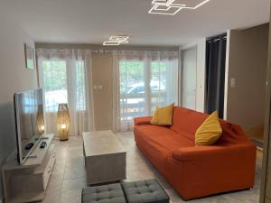 ein Wohnzimmer mit einem Sofa und einem TV in der Unterkunft Appartement Cauterets, 4 pièces, 6 personnes - FR-1-234-254 in Cauterets