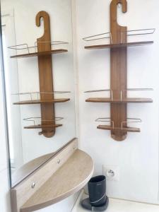 baño con estanterías de madera en la pared en Propriete de 3 chambres avec jardin clos a Saint Pierre, en Saint-Pierre