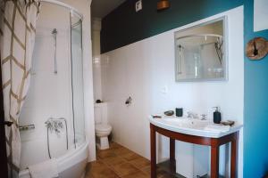 uma casa de banho com um lavatório, um chuveiro e um WC. em Les Perséides em Lézignan