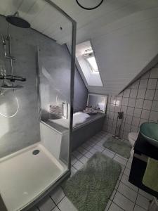 利希特瑙的住宿－FeWo Elke Lichtenau，阁楼浴室配有淋浴和卫生间。