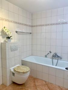 a bathroom with a toilet and a bath tub at Ferienbungalow Heidi in Schönau am Königssee