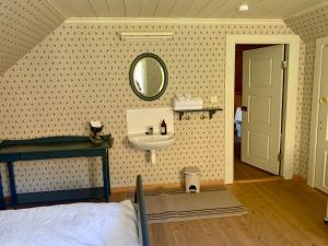 uma casa de banho com um lavatório e um espelho na parede em Guddals Tunet em Rosendal