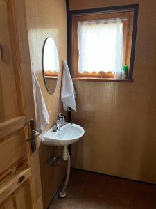 een badkamer met een wastafel, een spiegel en een raam bij Domki Letniskowe Nad Jeziorem Kazub in Cieciorka