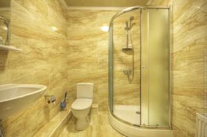 a bathroom with a shower and a toilet and a sink at Готель-ресторан Chalet in Bila Tserkva