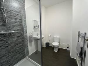 a bathroom with a shower and a toilet and a sink at Myrtle Villas in Hull