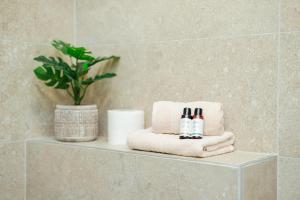 Un estante de baño con dos toallas y una planta. en Sea view apartment for 4, en Kotor 40 fotos más