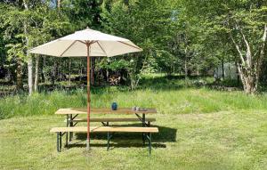 una mesa de picnic con una sombrilla en un campo en 3 Bedroom Awesome Home In Frederiksvrk, en Frederiksværk