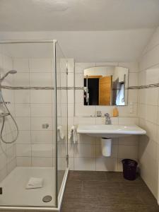 y baño con lavabo y ducha. en Ferienhaus Sinning en Leogang