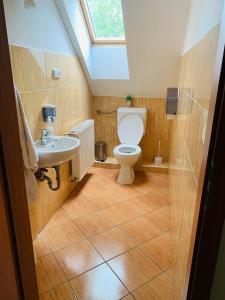 a bathroom with a toilet and a sink at Balaton Grill Szállás Siófok in Siófok
