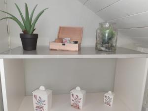 ein weißes Regal mit einer Topfpflanze und einer Vase in der Unterkunft Studio Miraumont, stationnement gratuit, 5min gare in Amiens