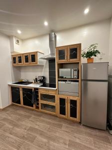 a kitchen with wooden cabinets and a stainless steel refrigerator at Le Refuge T3 centre ville 63m2 pied des montagnes in Albertville