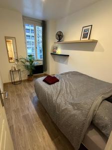 a bedroom with a bed and a large window at Le Refuge T3 centre ville 63m2 pied des montagnes in Albertville