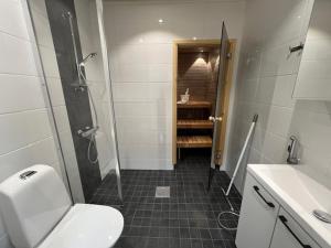 a bathroom with a toilet and a shower and a sink at Apartment Kuokkamaantie, Pyhäjoki in Pyhäjoki