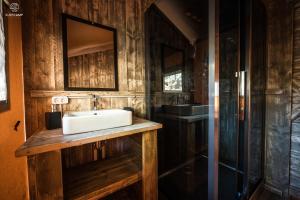 a bathroom with a sink and a shower at Oasis Camp Portugal in Lagoa