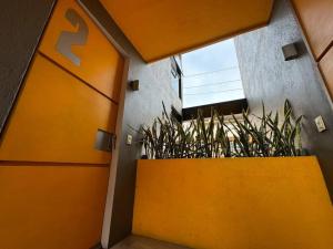 an orange door in a hallway with a plant at Icónica Torre K Departamento by AIRA in Villahermosa