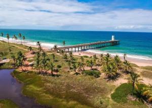 a pier on a beach with palm trees and the ocean at Casa Arembepe in Camaçari