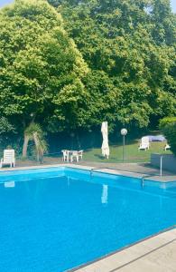 una piscina azul con sillas, mesas y árboles en Harry's Flat 38 en Roma