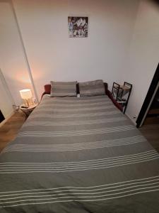 a bedroom with a large bed with a striped blanket at Studio thollon-les-mémises in Thollon